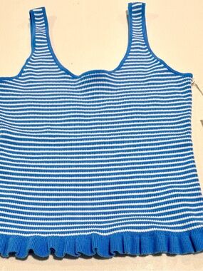 Striped Blue & White Knit Ruffle-Hem Tank Top - Women's